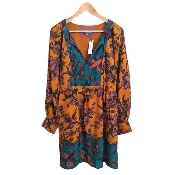 NWT Anthropologie Romantic Silk Tunic Floral Long Sleeve Boho Dress Medium - Picture 1 of 9